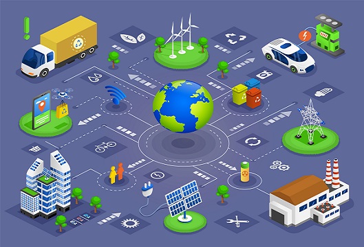 Green Technology Ecosystem. Alternative Electric Energy. Electricity Power Generation Resource, Ecosystem Blockchain